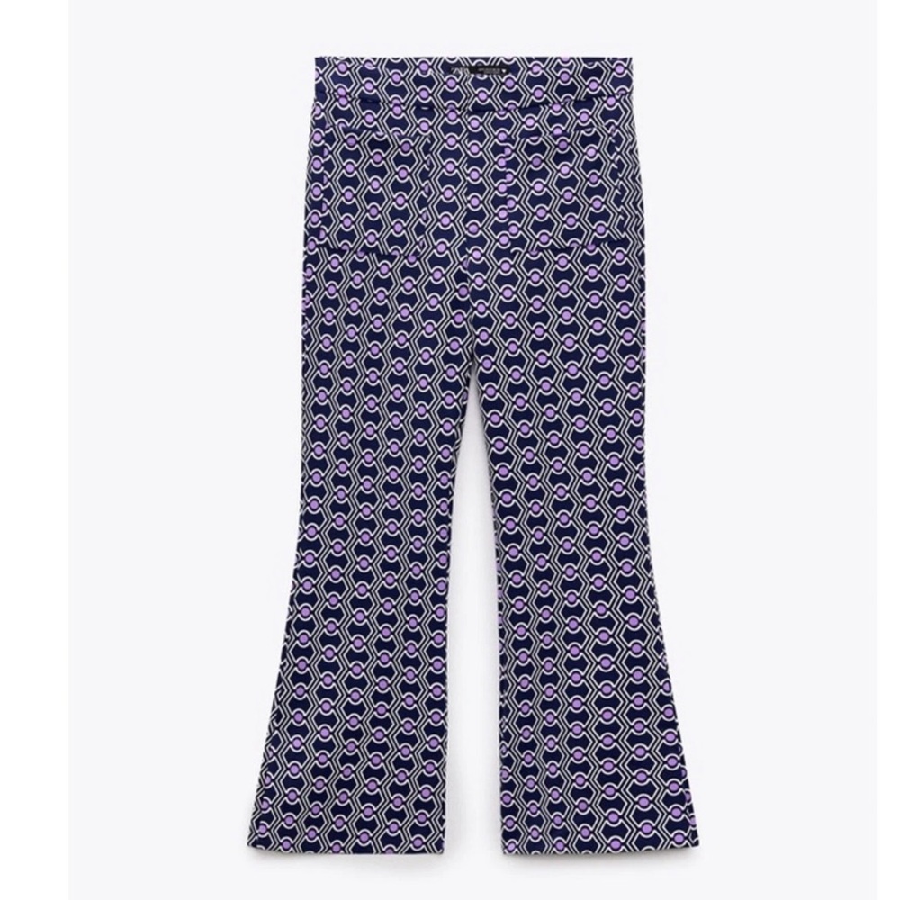 ZARA Geometric Purple Print Crop Flare Pant L - Picture 2 of 11